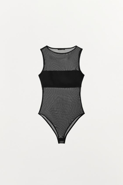 ZARA БОДИ ИЗ КОМБИНИРОВАННОЙ ТКАНИ, ЧЕРНЫЙ