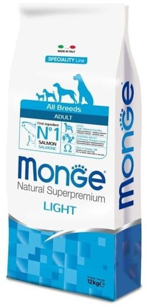 Cухой корм Monge Dog Speciality Line Light для взрослых собак всех пород, низкокалорийный, лосось с рисом, пакет 12 кг Cухой корм Monge Dog Speciality Line Light для взрослых собак всех пород, низкокалорийный, лосось с рисом, пакет 12 кг