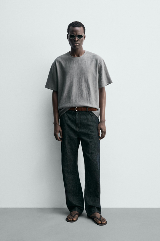 ZARA ФУТБОЛКА RELAXED FIT ИЗ РЕЛЬЕФНОЙ ТКАНИ, СЕРЫЙ