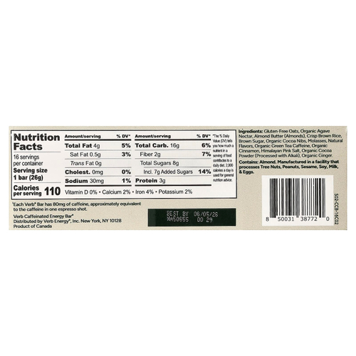 Verb Energy, Caffeinated Energy Bar, Chocolate Chip Banana Bread, 16 Bars, 0.92 oz (26 g) Each