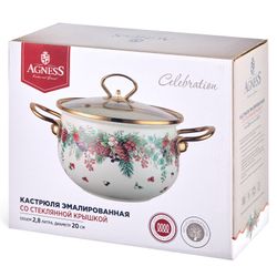 КАСТРЮЛЯ ЭМАЛИРОВАННАЯ AGNESS СО СТЕКЛЯННОЙ КРЫШКОЙ СЕРИЯ "CELEBRATION", 2.8 Л, 20*12 СМ