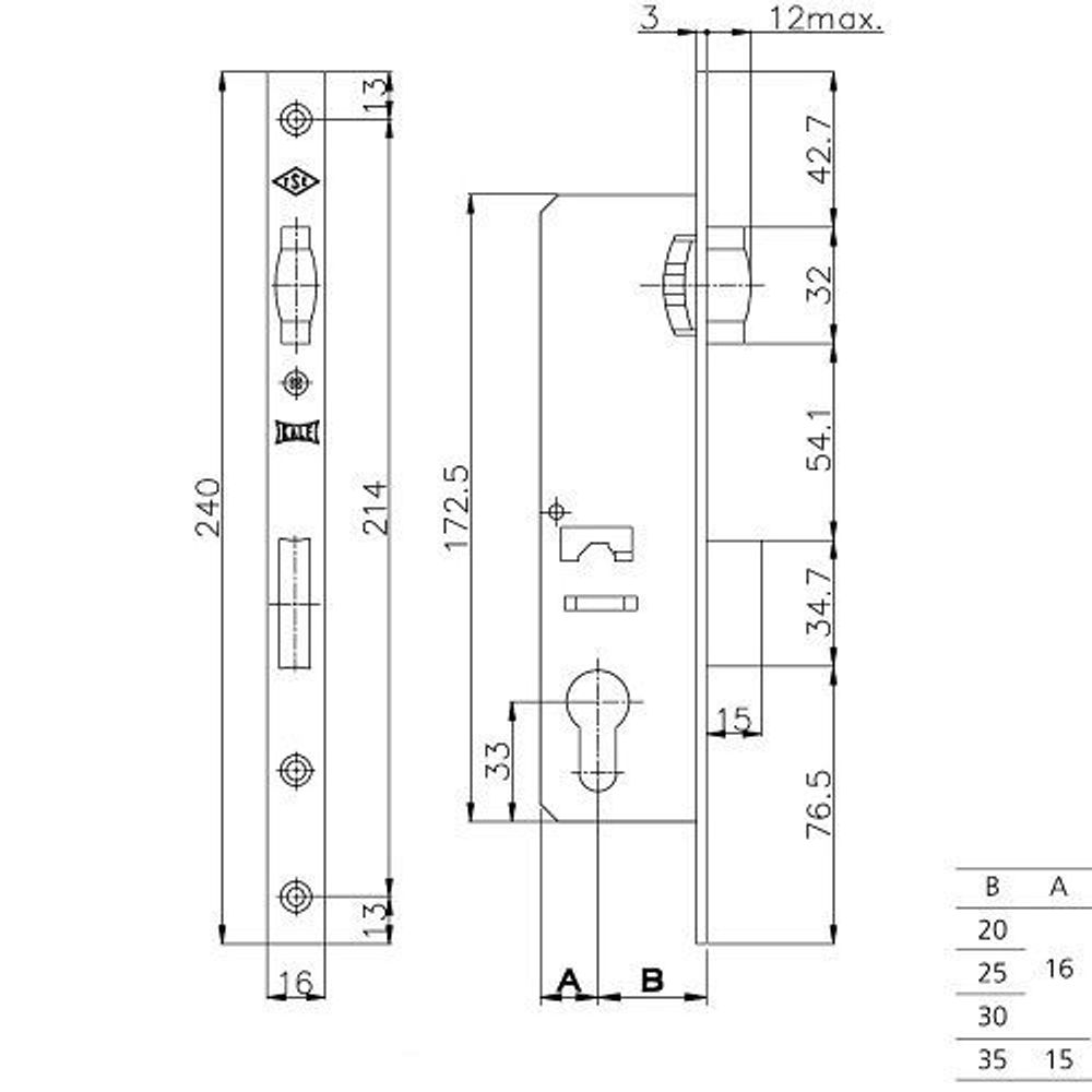 Корпус замка KALE KILIT 155/P (25мм) w/b никель /14118/