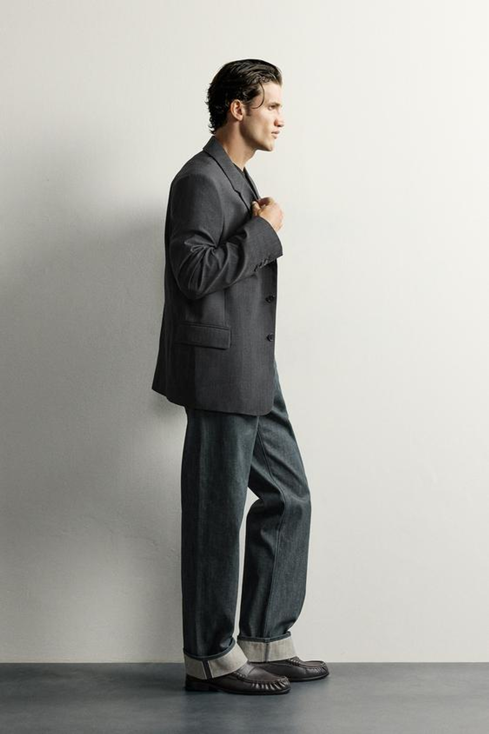ZARA ДЖИНСЫ STRAIGHT FIT С ОТВОРОТОМ SELVEDGE, СЕРО-СИНИЙ