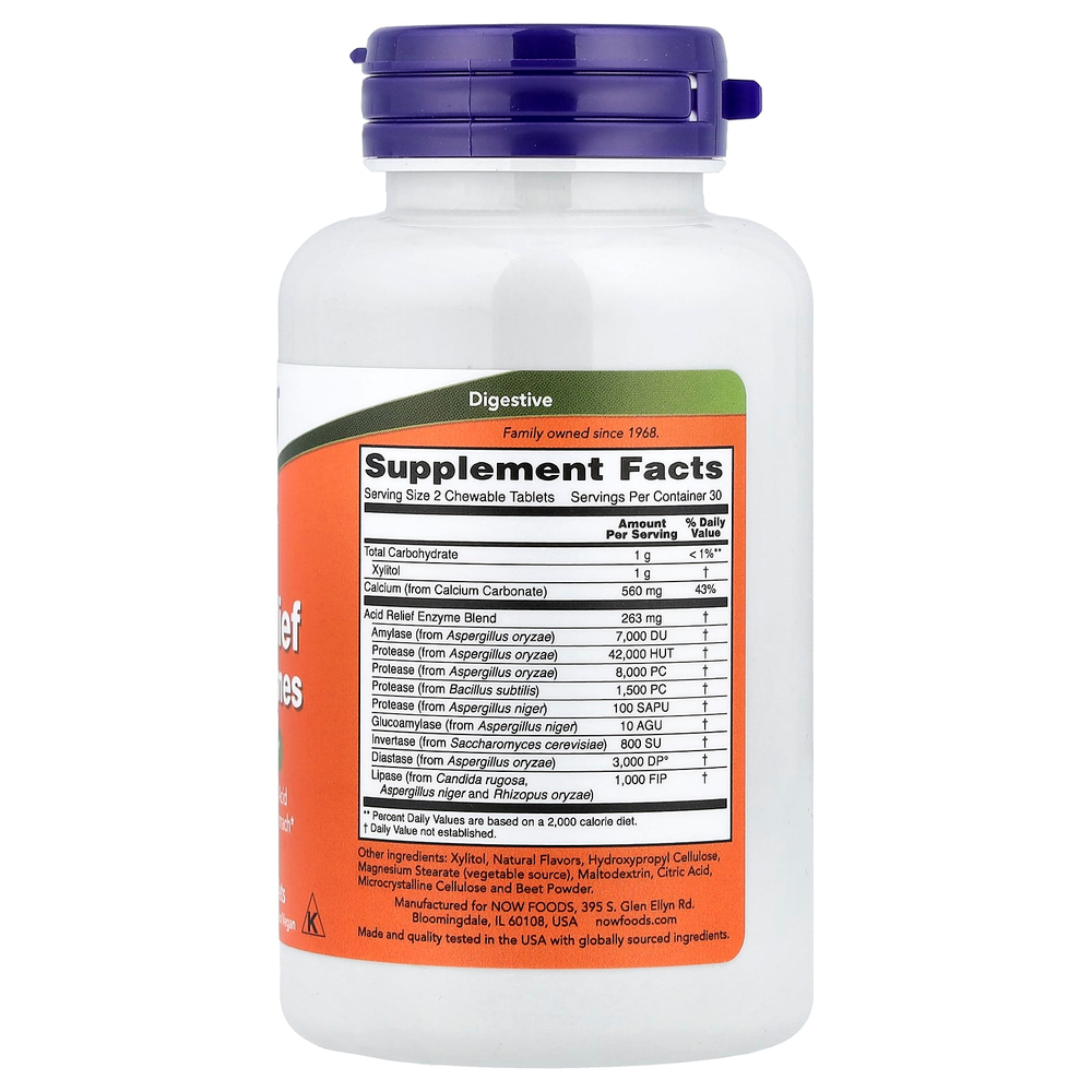NOW Foods, средство для снижения кислотности с ферментами, 60 жевательных таблеток