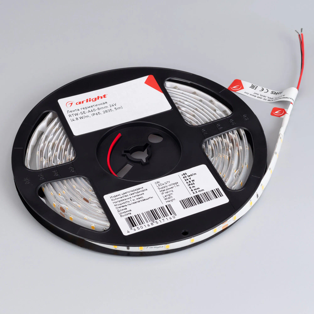 Светодиодная лента герметичная RTW-SE-A60-8mm 24V Day4000 (4.8 W/m, IP65, 2835, 5m) (Arlight, 4.8 Вт/м, IP65) 024260(2)