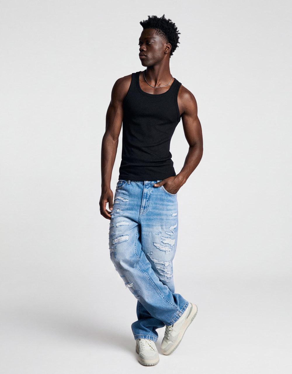 Мужские рваные широкие джинсы straight fit - BERSHKA