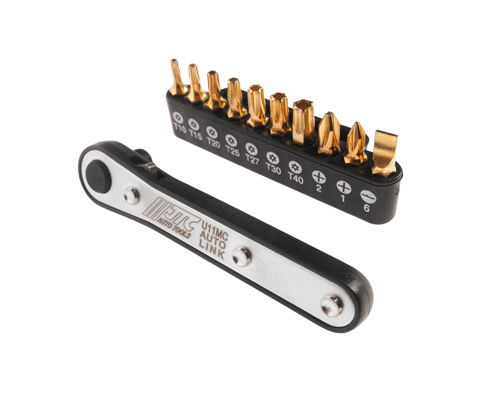 Набор бит 1/4" SL6, PH1-2, TORX, Т10Н-Т40Н с ключом трещоткой 11 предметов JTC