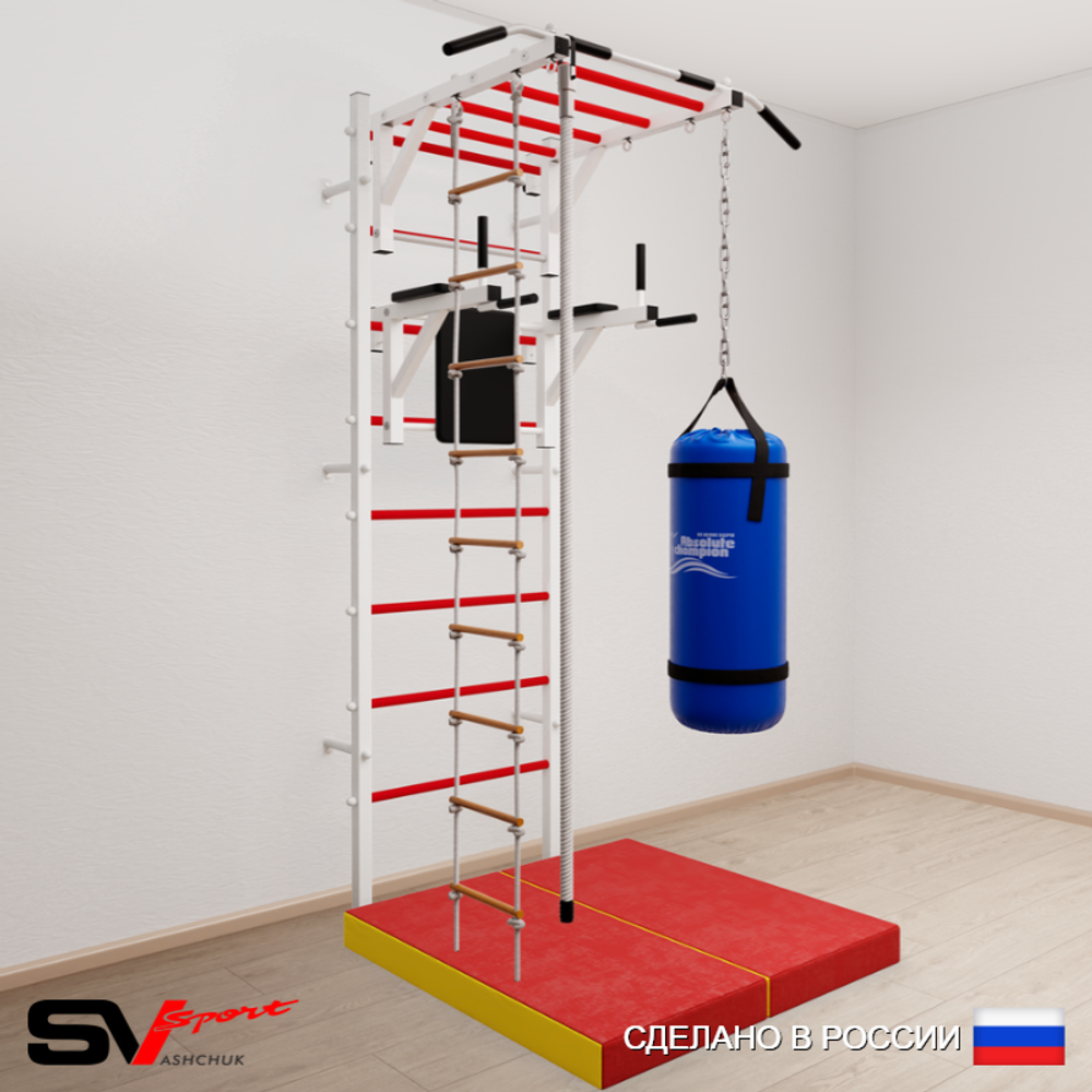 Шведская стенка Sv Sport усиленная 6457 (Турник рукоход/Брусья/Канат/Лестница/Цепь/Мешок 30кг/Мат 1м)