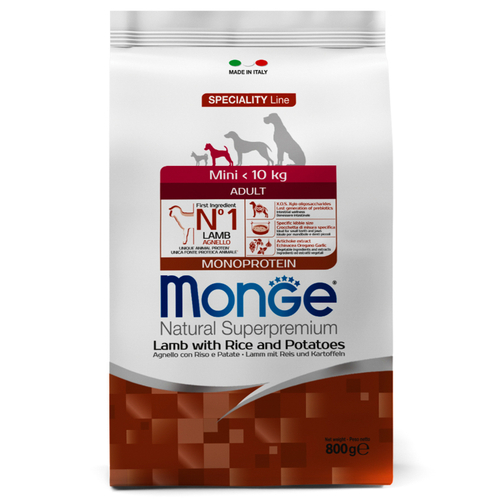 Сухой корм Monge Dog Mini Adult для взрослых собак мелких пород, ягненок и рис, 800 г