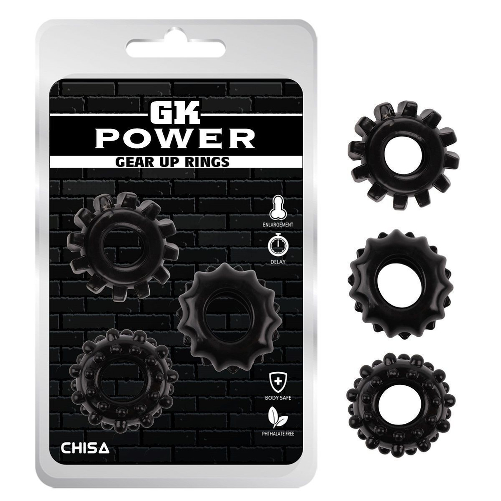 Набор из 3 черных эрекционных колец Gear Up Rings (Цвет: черный)