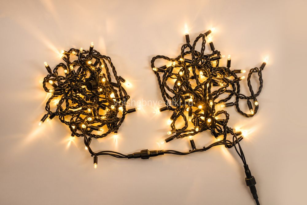 Светодиодная Нить 10 м, тёплый белый без мерцания, 100 LED, чёрный провод каучук, IP66, 220 В, ALEDUS Фото 1