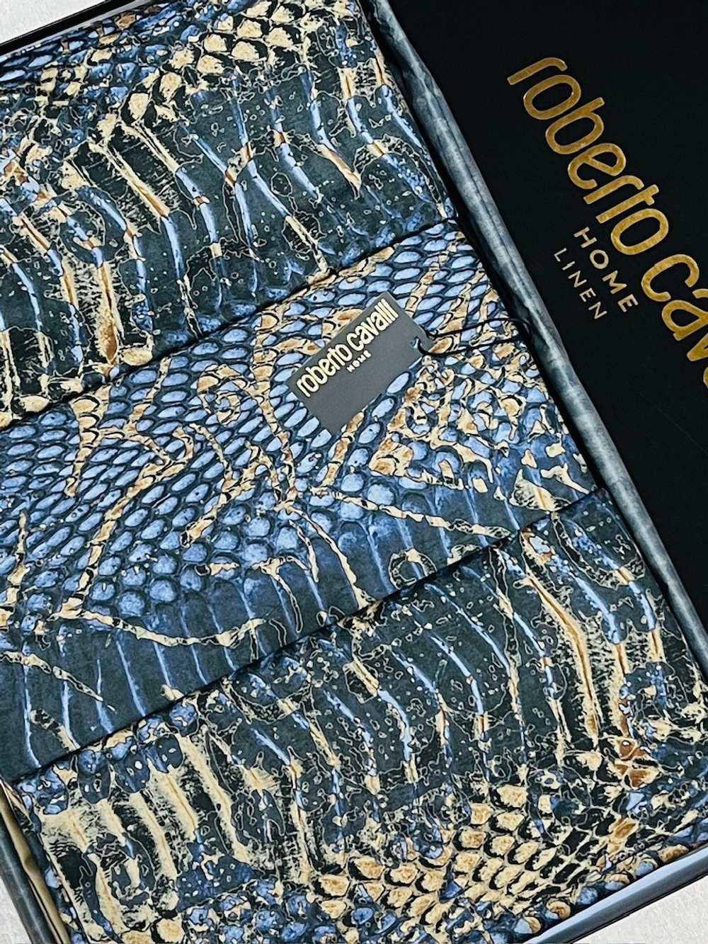 Постельное белье 2 спальное евро Roberto Cavalli Wild Damasco синее с золотом