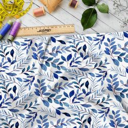 Ткань муслин мелкие акварельные листья на белом фоне