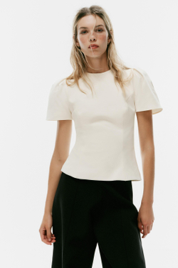 ZARA ТОП С ОБЪЕМНЫМИ РУКАВАМИ, ЖЕЛТОВАТО-БЕЛЫЙ
