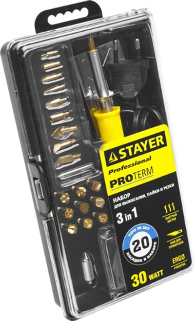 STAYER PROTerm, 30 Вт, 3 в 1, в наборе: 20 насадок, в кейсе, прибор для выжигания, пайки и резки, Professional (45227)