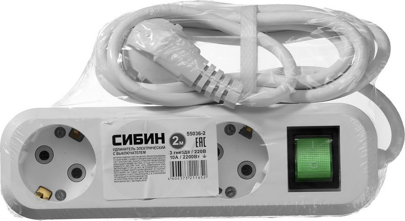 СИБИН ПВС, 3 х 0.75 мм2, 3 гн., 2 м, бытовой удлинитель (55036-2)