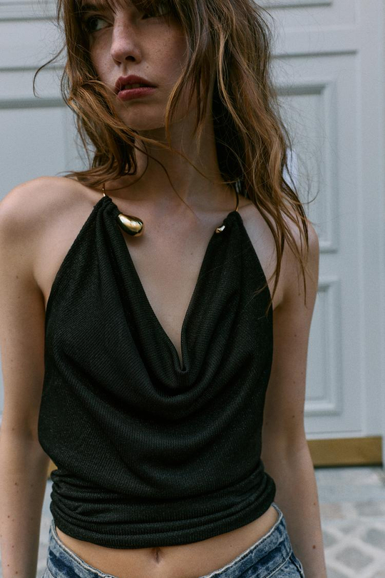ZARA ТОП С МЕТАЛЛИЧЕСКИМ ЧОКЕРОМ, ЧЕРНЫЙ