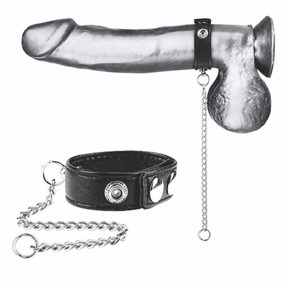 Утяжка на пенис с поводком Snap Cock Ring With 12 Leash (Цвет: черный с серебристым)