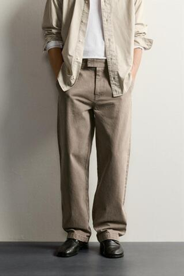 ZARA БРЮКИ ЧИНОС STRAIGHT FIT С ХЛЯСТИКАМИ, СВЕТЛЫЙ ХАКИ