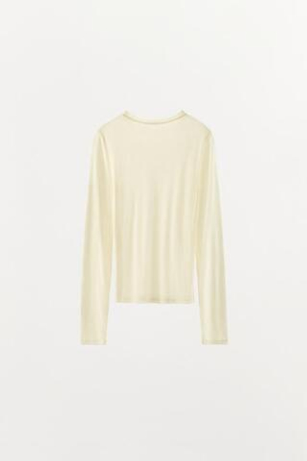ZARA ФУТБОЛКА ИЗ МОДАЛА И ШЕЛКА С ДЛИННЫМИ РУКАВАМИ, ЭКРЮ