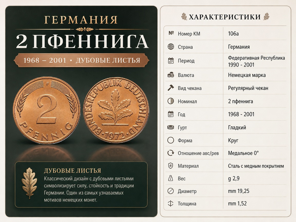 Германия - ФРГ 2 пфеннига, 1972 F Дубовый лист aUNC
