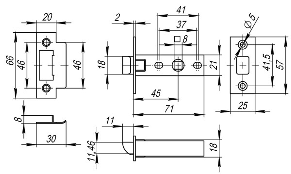 Защелка врезная PLASTP12-45-25 (P12-45) AC медь