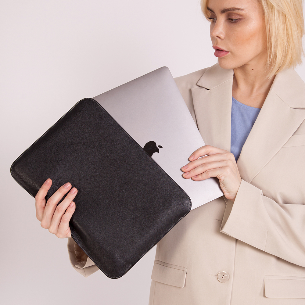 Чехол для MacBook 13-14-15' и документов из кожи теленка, черный с серым подкладом