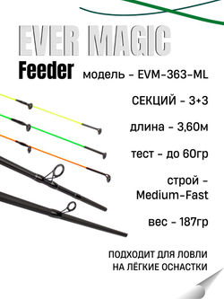 Удилище фидерное "EVER MAGIC FEEDER" FISH CRYSTAL , тест до 60 г, 3.60 м, 3+3 tips
