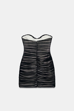 ZARA МИНИ-ПЛАТЬЕ ИЗ ДРАПИРОВАННОГО ТЮЛЯ, ЧЕРНЫЙ