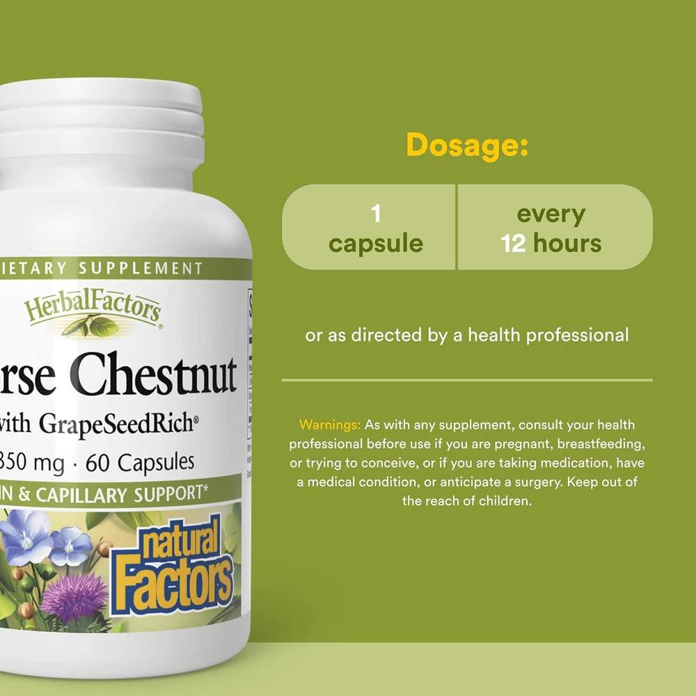 Natural Factors, HerbalFactors, конский каштан с GrapeSeedRich, 350 мг, 60 капсул
