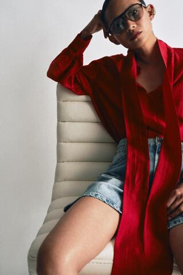 ZARA АТЛАСНАЯ РУБАШКА С ПЛАТКОМ — ZW COLLECTION, КРАСНЫЙ