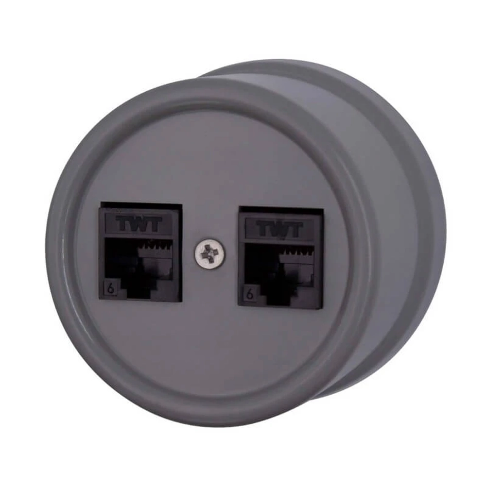 Розетка пластиковая ретро компьютерная двойная RJ45, Титан, Bironi B1-302-26 / Компьютерная