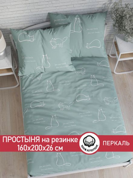 Простынь на резинке перкаль Сказка "Котики (мята)" 160x200 см