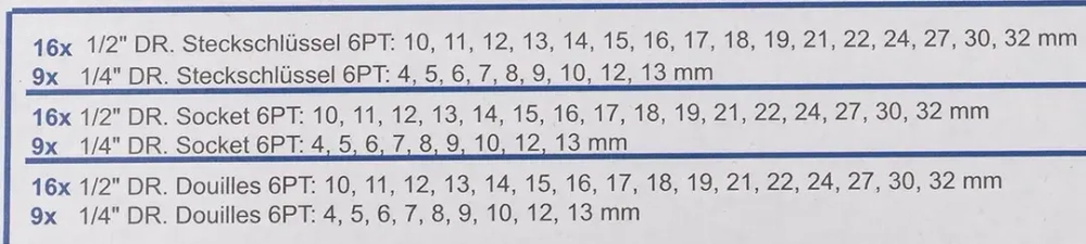 Набор головок 1/4'', 1/2'', 25пр. (6гр.)(1/2'': 10,11,12,13,14,15,16,17,18,19,21,22,24,27,30,32мм. 1/4'': 4,5, 6,7,8,9,10,12,13мм.)в метал.кейсе Scheppach Sch-50121G