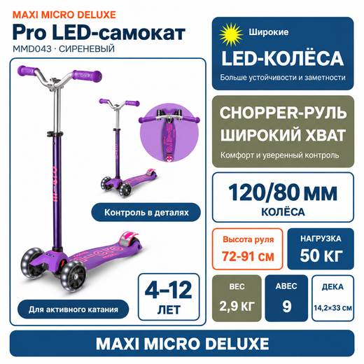 Самокат Maxi Micro Deluxe Pro LED сиреневый