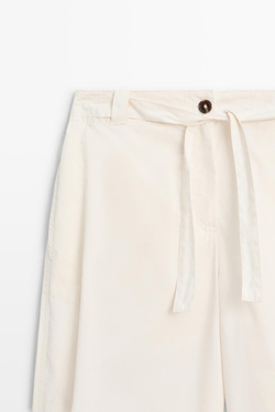 Massimo Dutti Брюки из смесовой хлопковой ткани с завязками, белый