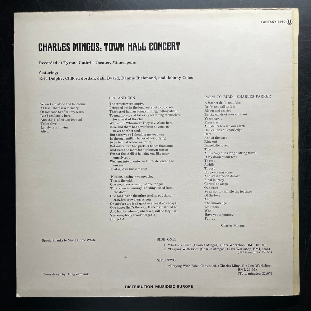 Charles Mingus Featuring Eric Dolphy ‎– Town Hall Concert (Франция 1972г.)