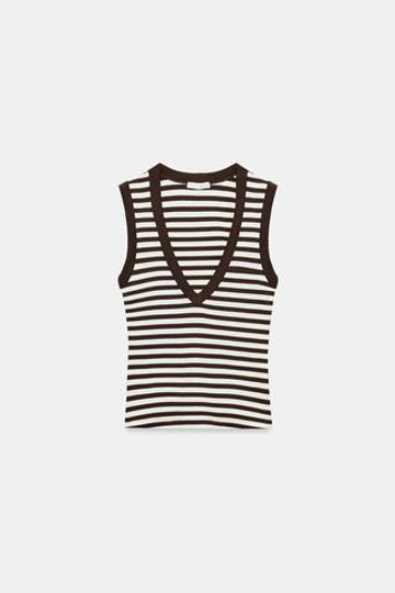 ZARA ХЛОПКОВАЯ ФУТБОЛКА С V-ОБРАЗНЫМ ВЫРЕЗОМ, ПОЛОСКИ