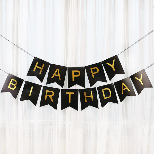 Гирлянда Флажки, Happy Birthday, Черный/Золото, Металлик, 500 см, 16*12 см, 1 шт.