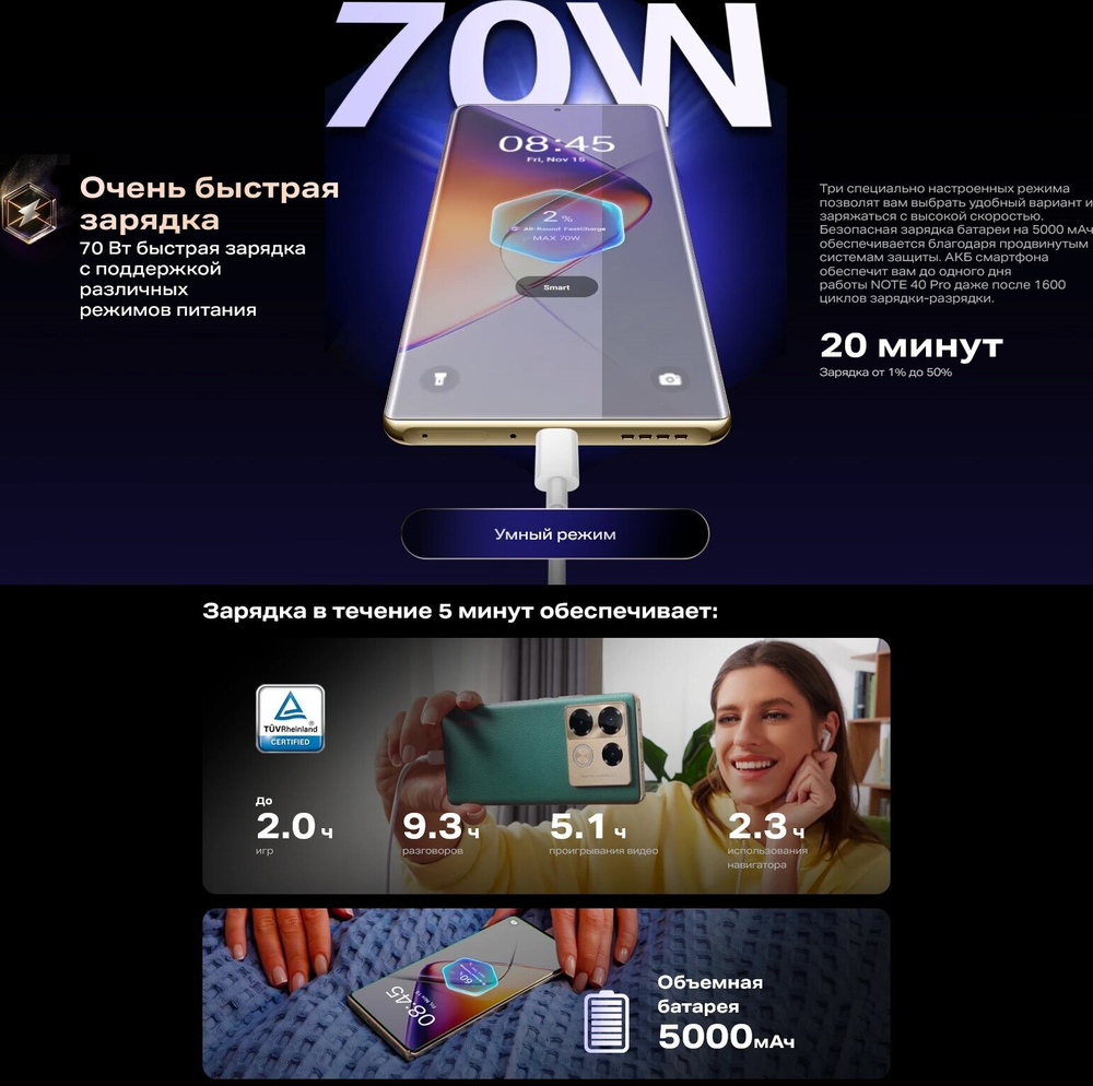 Смартфон Infinix NOTE 40 Pro X6850 256+8 Gb, Android 14, 6.78", 2K QHD, AMOLED, Racing Grey
