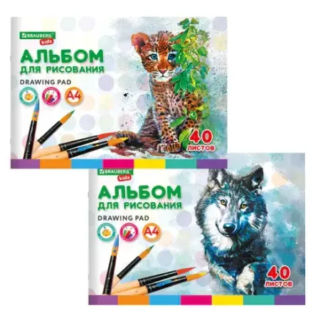 Альбом для рисования 40л, А4, Brauberg Зверята, на скрепке, обл. картон, ассорти, 1шт.