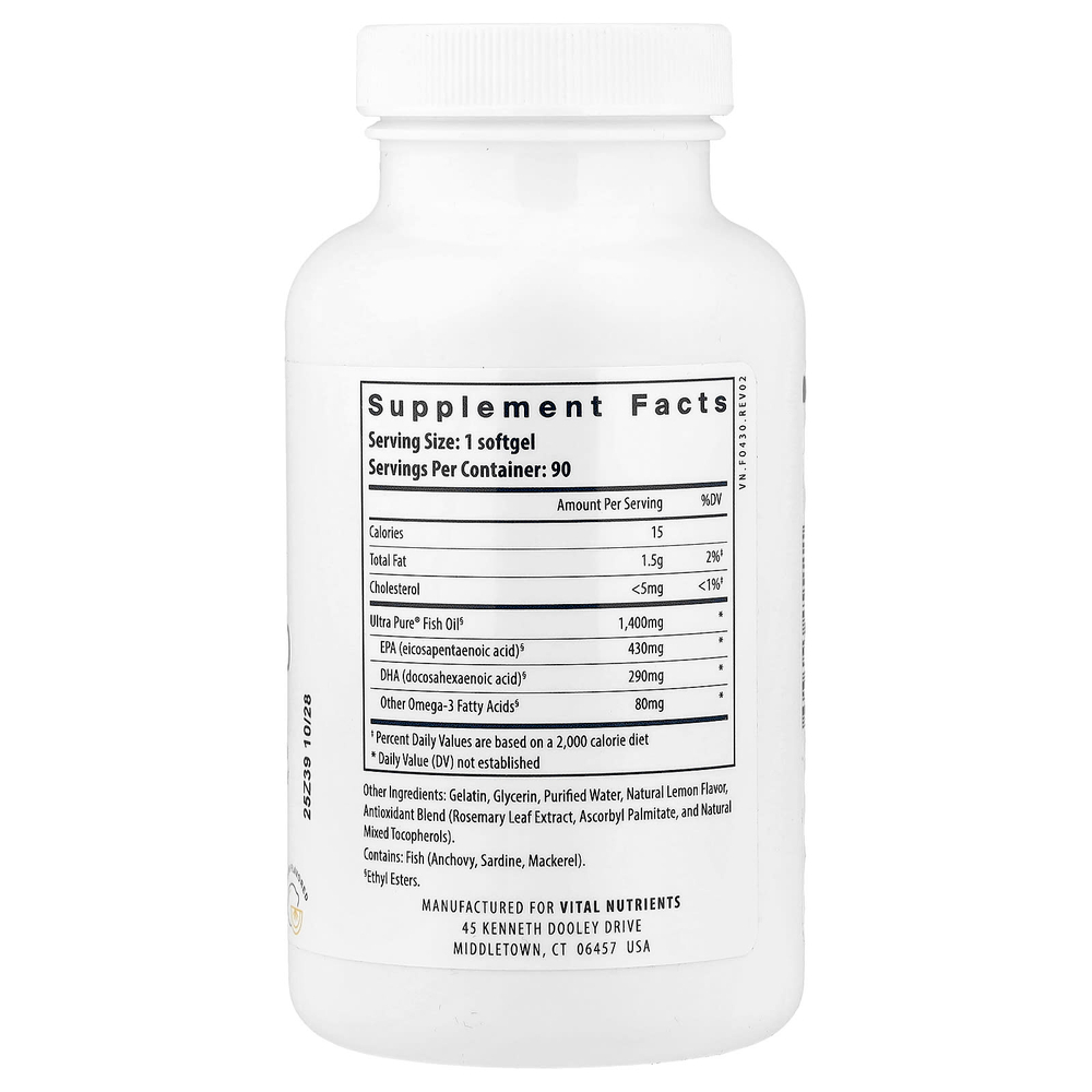 Vital Nutrients, Ultra Pure®, рыбий жир 800, лимон, 90 капсул