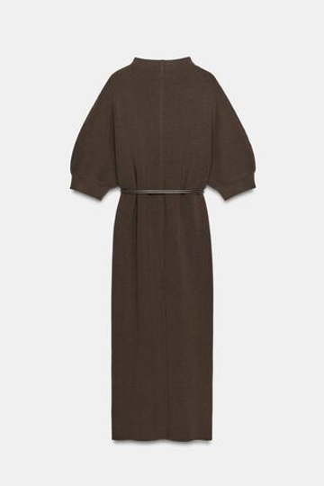 ZARA ДЛИННОЕ ТРИКОТАЖНОЕ ПЛАТЬЕ С ПОЯСОМ, КОРИЧНЕВЫЙ