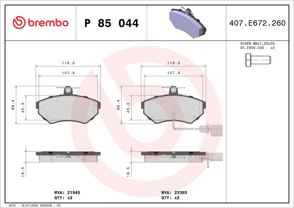 BREMBO - P85044-BRB - Brake Pad Set, disc brake
