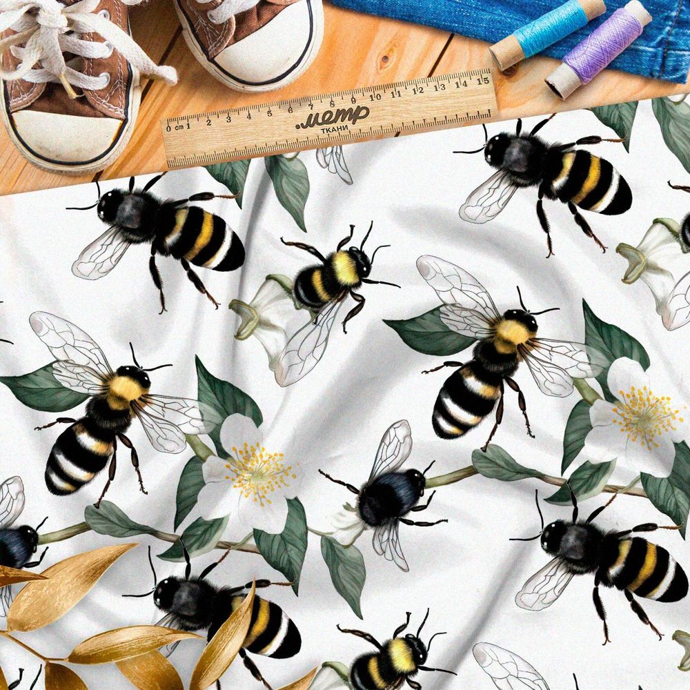 Ткань премиум флис пчелы в цветах