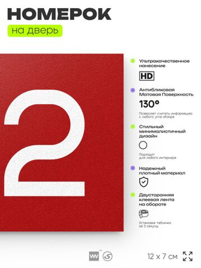 Номер на дверь 192, табличка на дверь для офиса, квартиры, кабинета, аудитории, склада, красная 120х70 мм, Айдентика Технолоджи