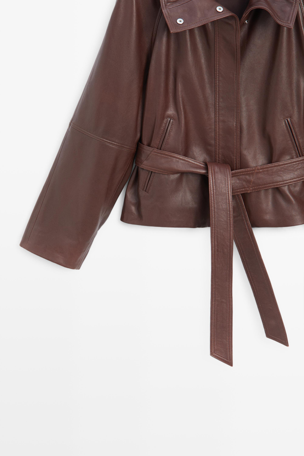 Massimo Dutti Короткая куртка из кожи наппа с поясом, коричневый