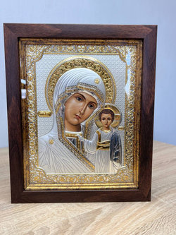 Казанская БМ, икона прямоугольная в рамке под стеклом, красное дерево 206х258