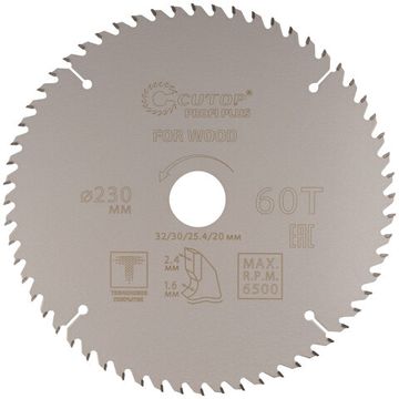 Диск пильный по дереву с тефлоновым покрытием 60Т, CUTOP Profi plus, 230 х 1,6/2,4 х 32/30/25,4/20 мм