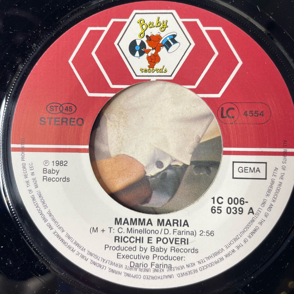 Винтажная виниловая пластинка 7 дюймов (маленькая пластинка) Ricchi and Poveri Mamma Maria (Германия 1982)